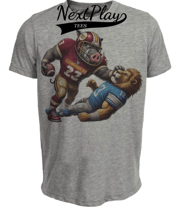 Washington Commanders vs. Detroit Lions Exclusive Retro Rivalries Playoff Football Stiff Arm Artwork Heather Gray Sublimated T-Shirt