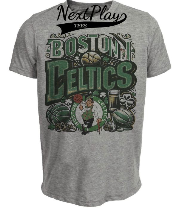 Boston Celtics Exclusive Retro Pro Basketball Artwork Heather Gray Sublimated T-Shirt