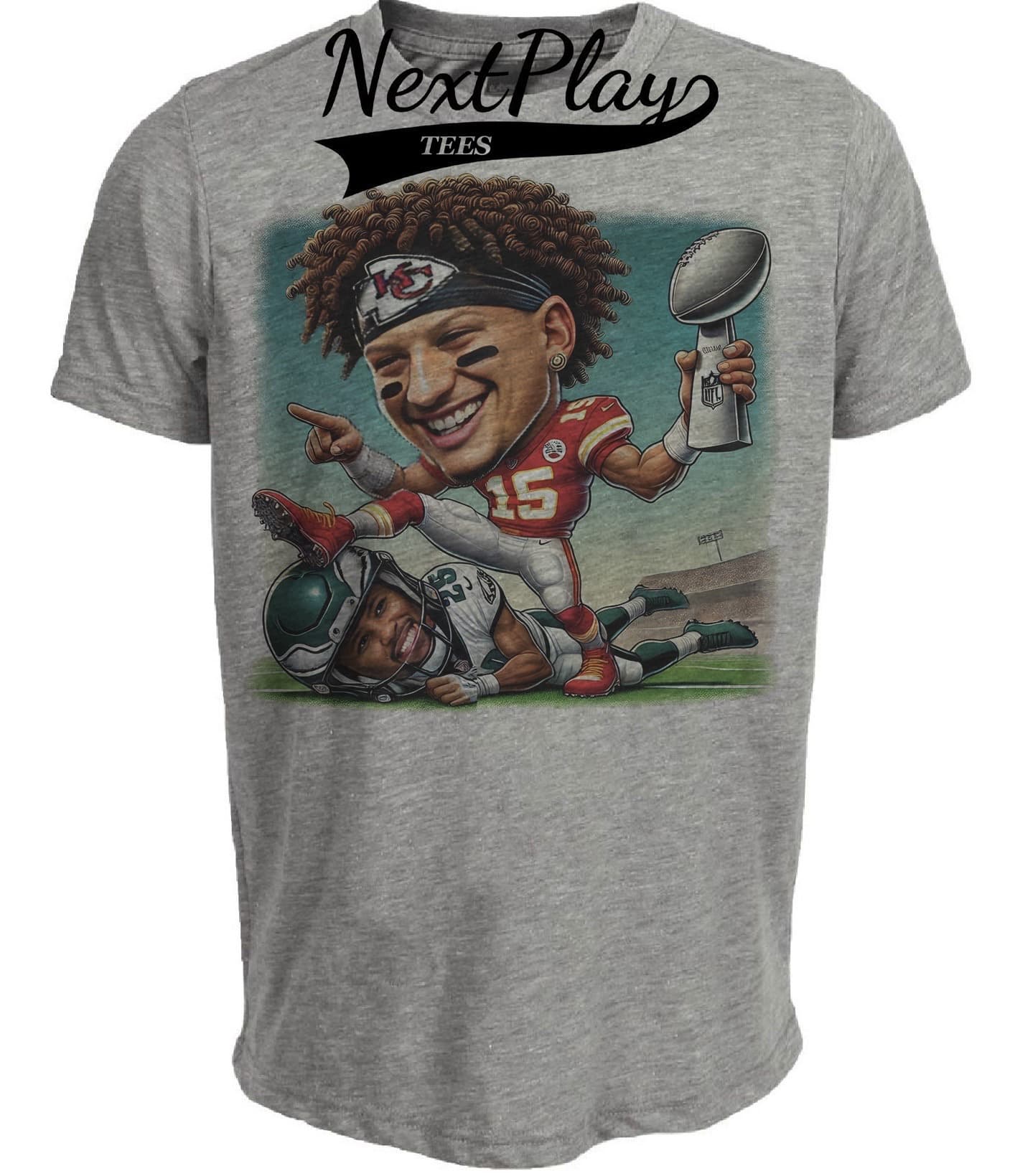 Kansas City Chiefs Mahomes vs. Philadelphia Eagles Saquon Exclusive Retro Rivalries Football Super Bowl Artwork Heather Gray Sublimated T-Shirt