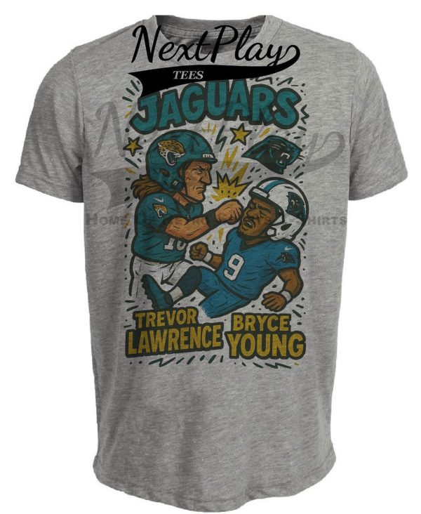 Jacksonville Jaguars Trevor Lawrence 
vs. Carolina Panthers Bryce Young Exclusive Retro Rivals Football Artwork Heather Gray Sublimated T-Shirt