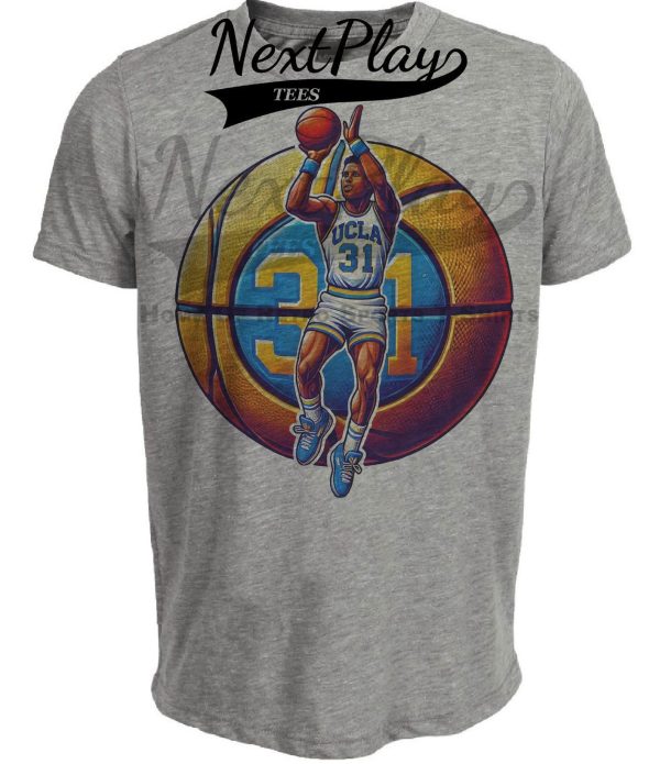 UCLA Bruins Reggie Miller Exclusive Retro March Madness Basketball Artwork Heather Gray Sublimated T-Shirt