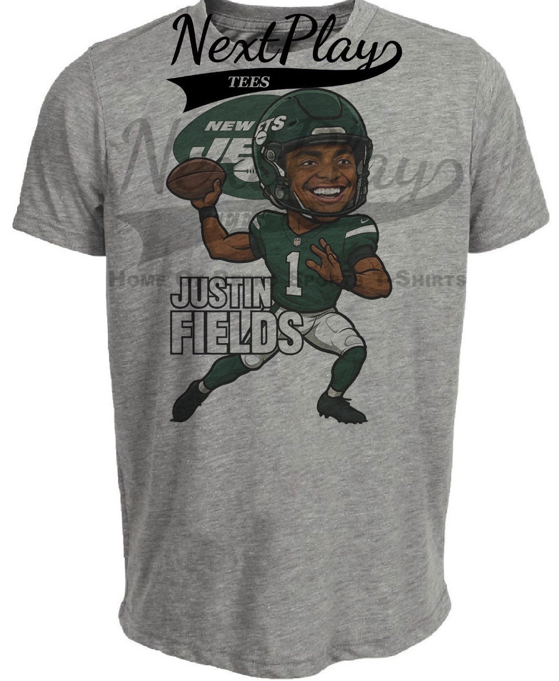 New York Jets Justin Fields Exclusive Retro Football Artwork Heather Gray Sublimated T-Shirt