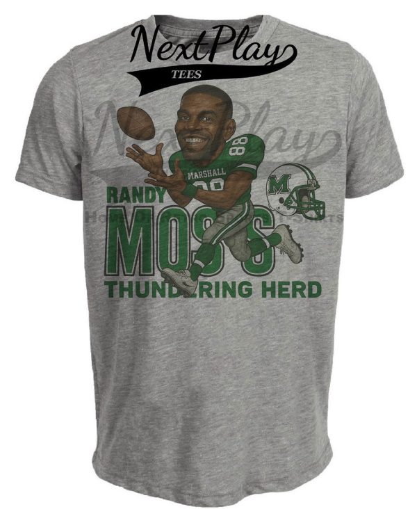 Marshall Thundering Herd Randy Moss Exclusive Retro Caricature Football 1997 Artwork Heather Gray Sublimated T-Shirt