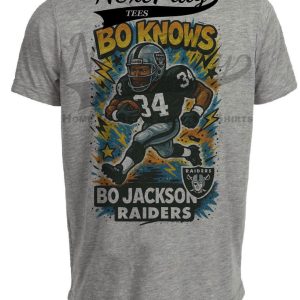 Oakland Raiders Bo Jackson Exclusive Retro Football Graffiti Artwork Heather Gray Sublimated T-Shirt