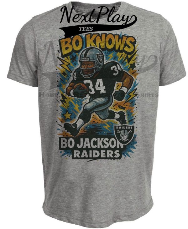 Oakland Raiders Bo Jackson Exclusive Retro Football Graffiti Artwork Heather Gray Sublimated T-Shirt