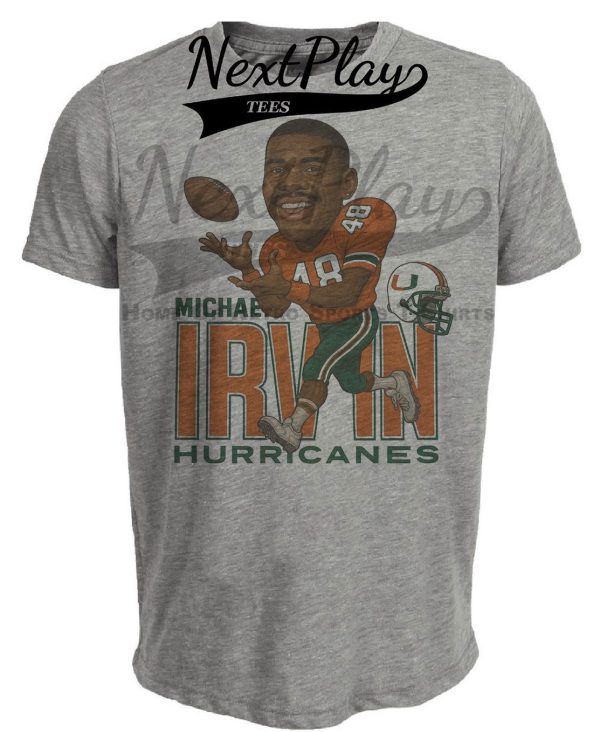 Miami Hurricanes Michael Irvin Exclusive Retro Football Caricature 1986 Artwork Heather Gray Sublimated T-Shirt