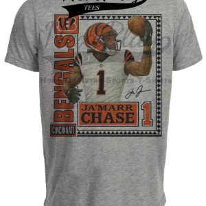 Cincinnati Bengals Ja’Marr Chase Exclusive Retro Football Artwork Heather Gray Sublimated T-Shirt