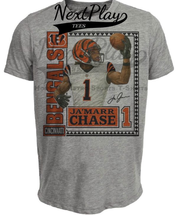 Cincinnati Bengals Ja’Marr Chase Exclusive Retro Football Artwork Heather Gray Sublimated T-Shirt