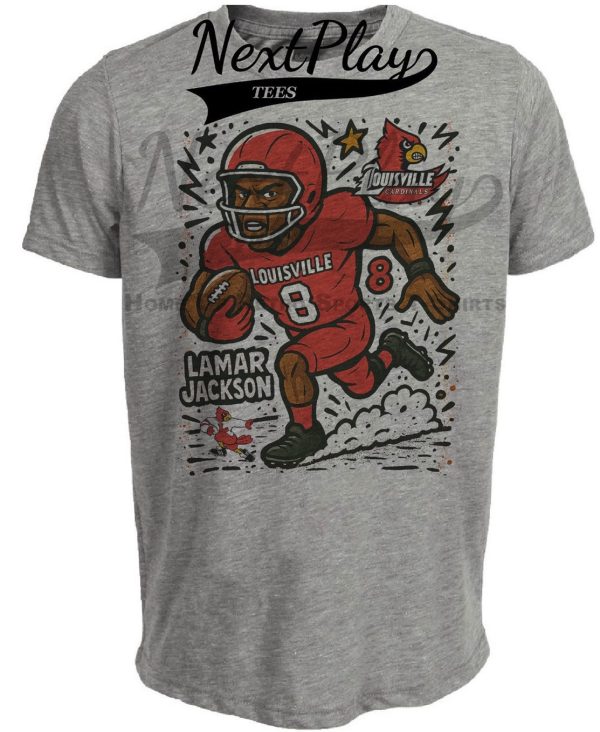 Louisville Cardinals Lamar Jackson Exclusive Retro Football Artwork Heather Gray Sublimated T-Shirt