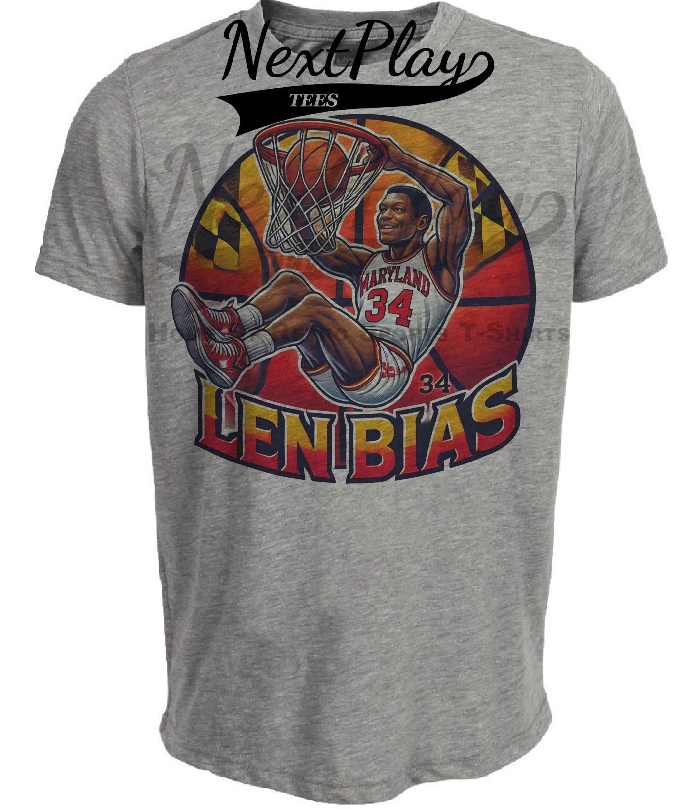 Maryland Terrapins Len Bias Exclusive Retro March Madness Basketball  Artwork Heather Gray Sublimated T-Shirt - Next Play Tees, image size:1414x1639