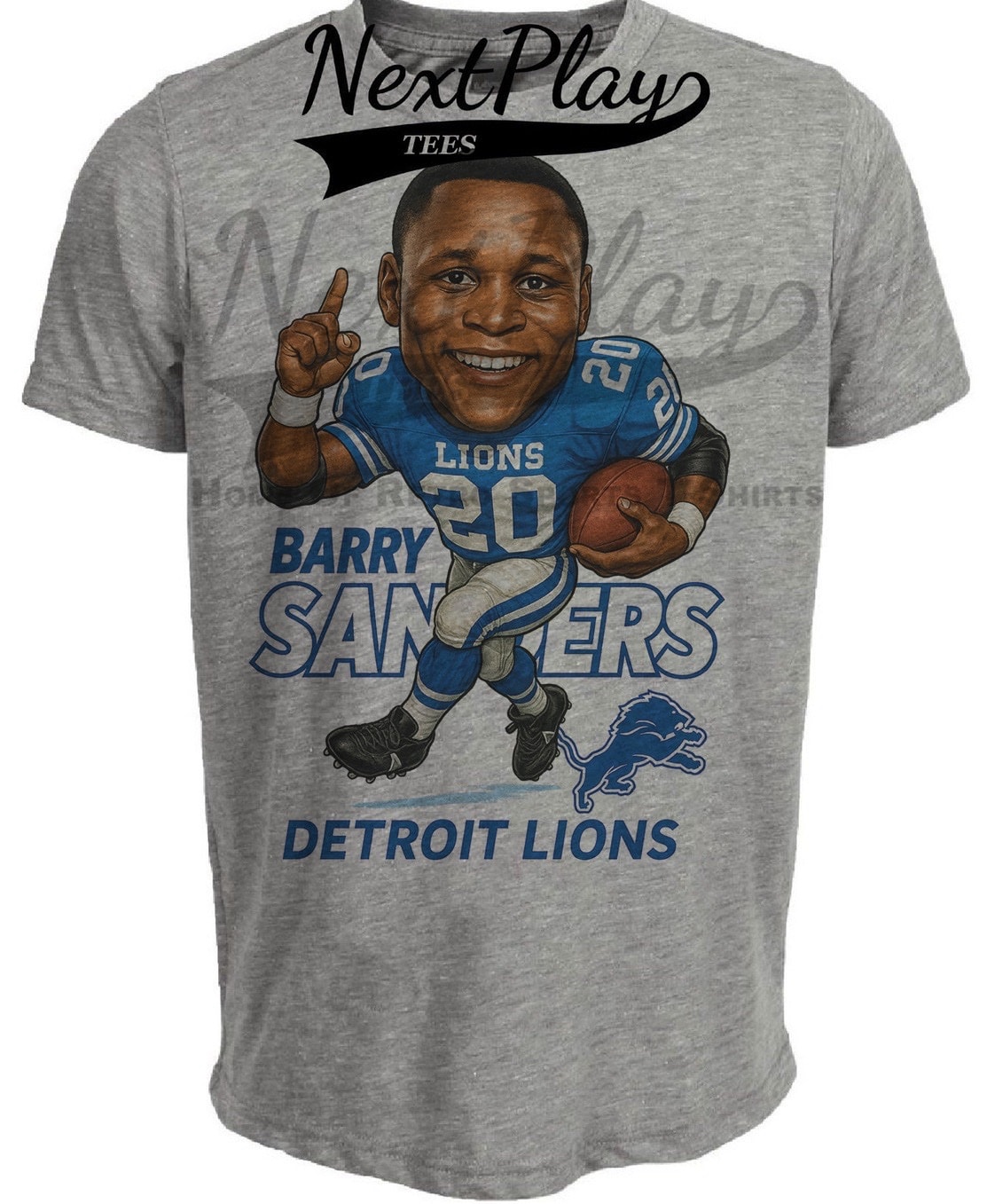 Detroit Lions Barry Sanders Exclusive Retro Football Big Head Artwork Heather Gray Sublimated T-Shirt