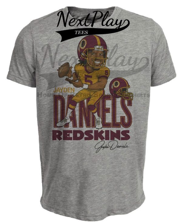 Washington Redskins Jayden Daniels Exclusive Retro Football Caricature Artwork Heather Gray Sublimated T-Shirt