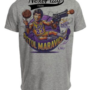 LSU Tigers Pistol Pete Maravich Exclusive Retro March Madness Basketball Artwork Heather Gray Sublimated T-Shirt