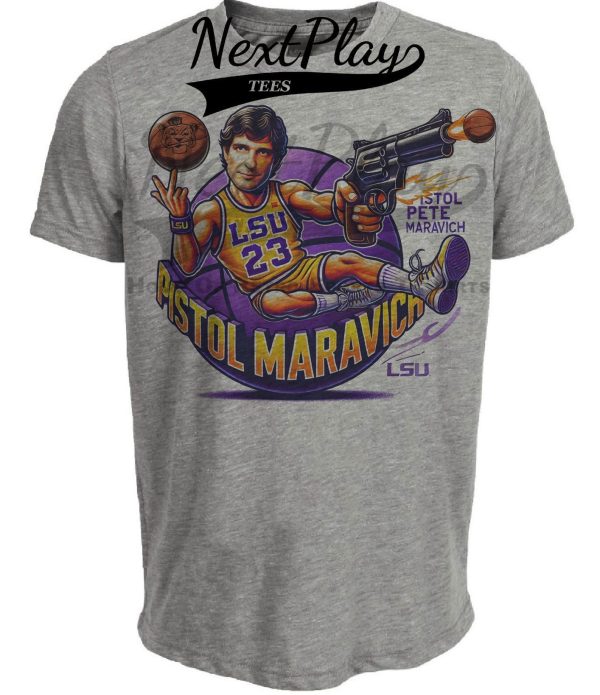 LSU Tigers Pistol Pete Maravich Exclusive Retro March Madness Basketball Artwork Heather Gray Sublimated T-Shirt