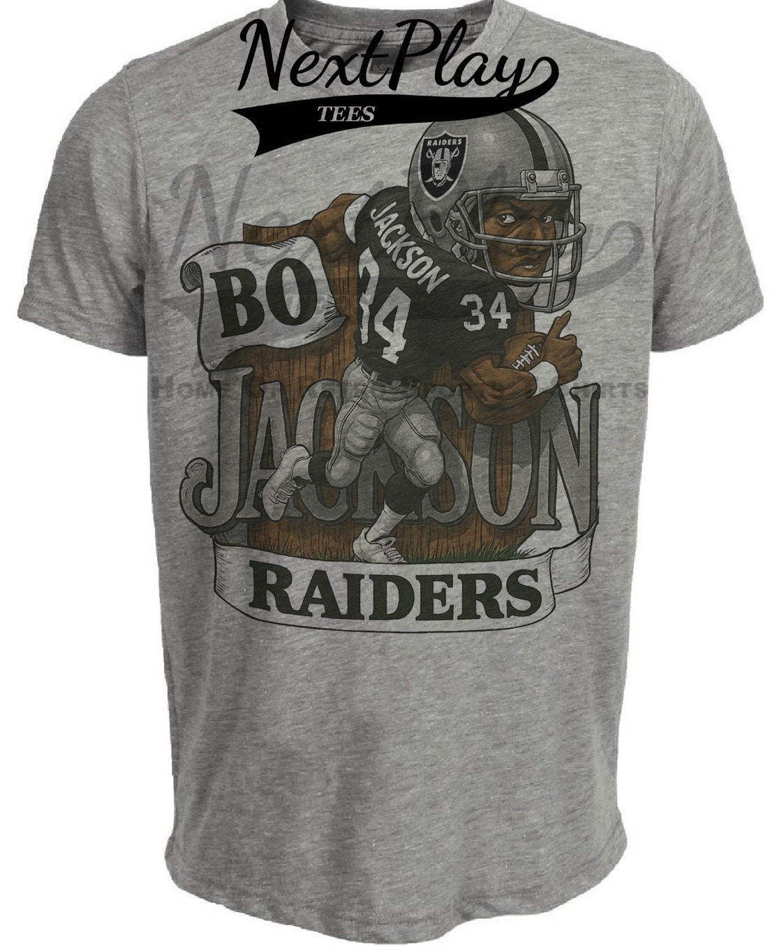 Oakland Raiders Bo Jackson Retro Football 1988 Artwork Heather Gray Sublimated T-Shirt