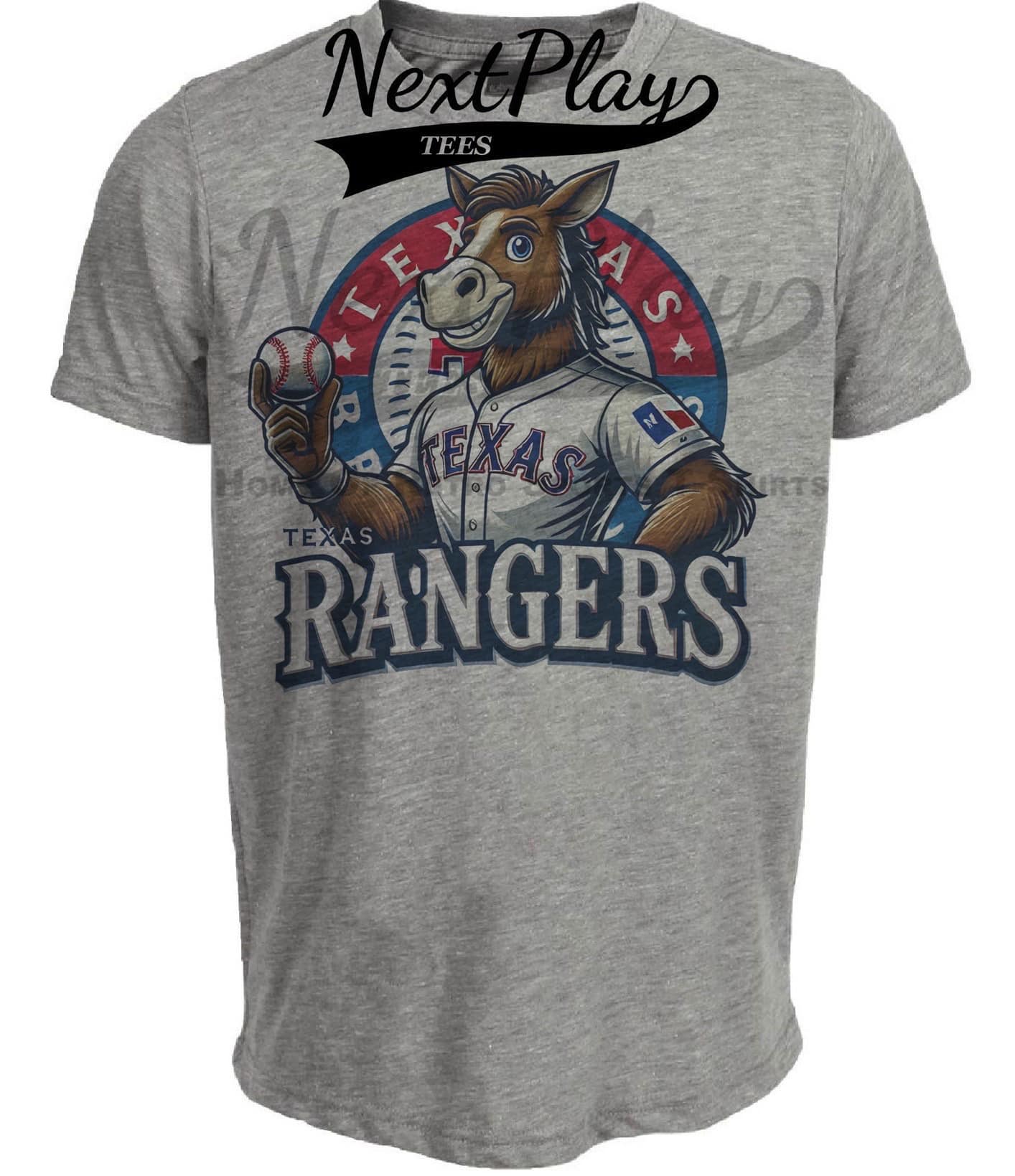 Texas Rangers Exclusive Retro Baseball Mascot Artwork Heather Gray Sublimated T-Shirt