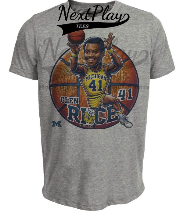 Michigan Wolverines Glen Rice Exclusive Retro March Madness Basketball Artwork Heather Gray Sublimated T-Shirt