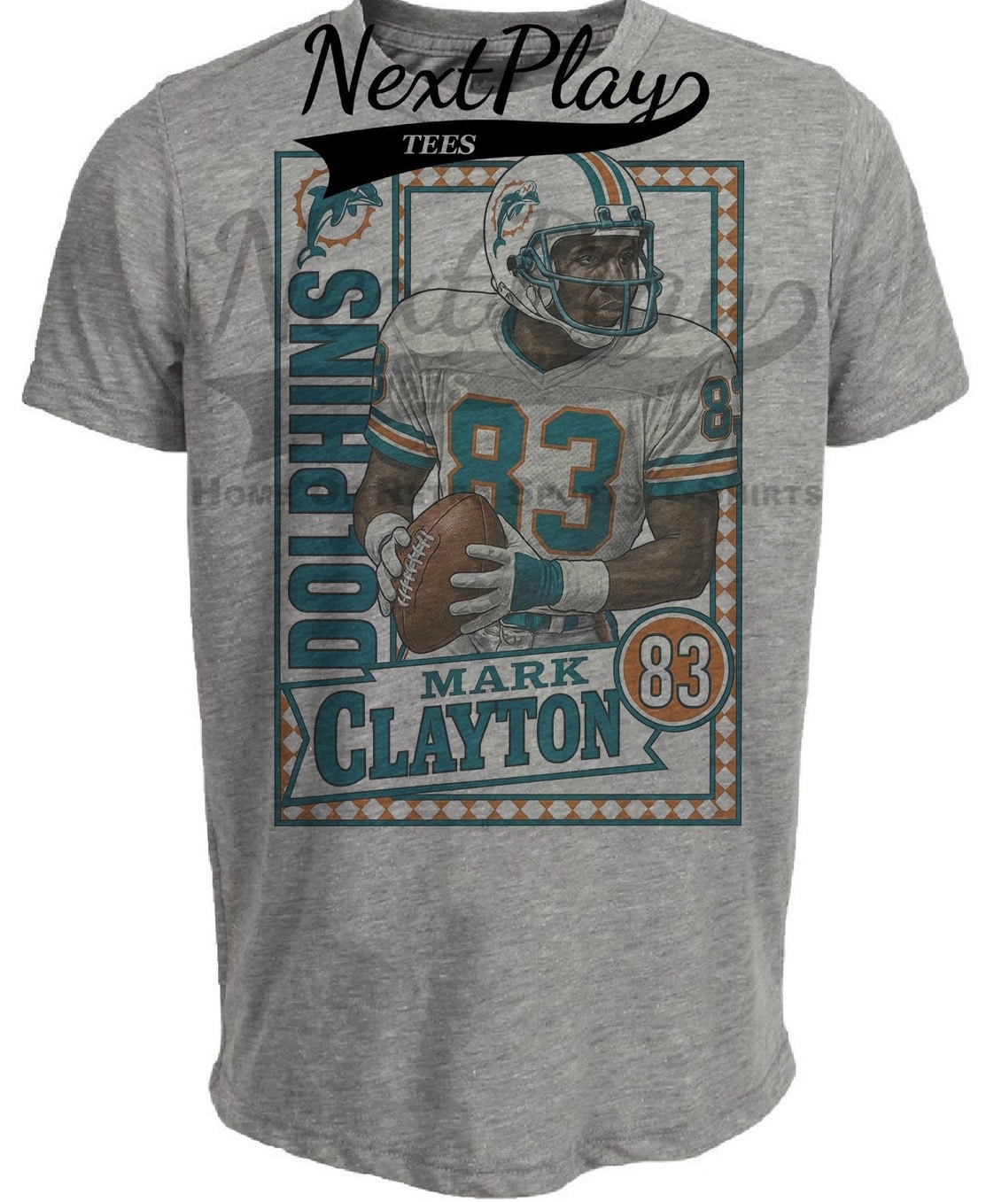 Miami Dolphins Mark Clayton Exclusive Retro Football 1988 Artwork Heather Gray Sublimated T-Shirt