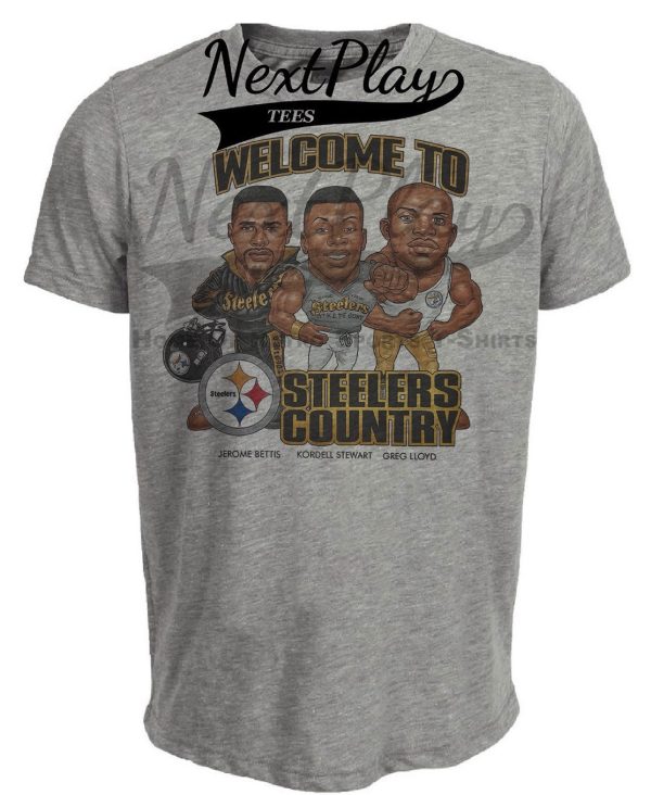 Pittsburgh Steelers Welcome To Steelers Country Jerome Bettis, Kordell Stewart, Greg Lloyd Retro Football 1996 Artwork Heather Gray Sublimated T-Shirt
