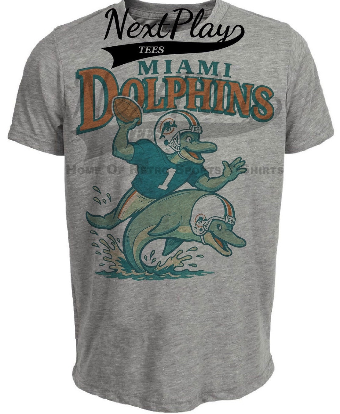 Miami Dolphins Mascots Exclusive Retro Football 1983 Artwork Heather Gray Sublimated T-Shirt