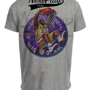 LSU Tigers Shaq O’Neal Exclusive Retro March Madness Basketball Artwork Heather Gray Sublimated T-Shirt