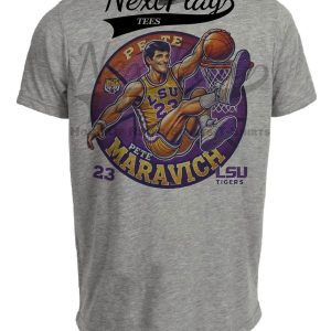 LSU Tigers Pete Maravich Exclusive Retro March Madness Basketball Artwork Heather Gray Sublimated T-Shirt