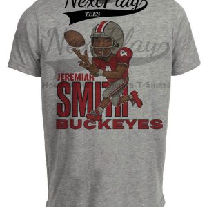 Ohio State Buckeyes Jeremiah Smith Exclusive Retro Football Caricature Artwork Heather Gray Sublimated T-Shirt