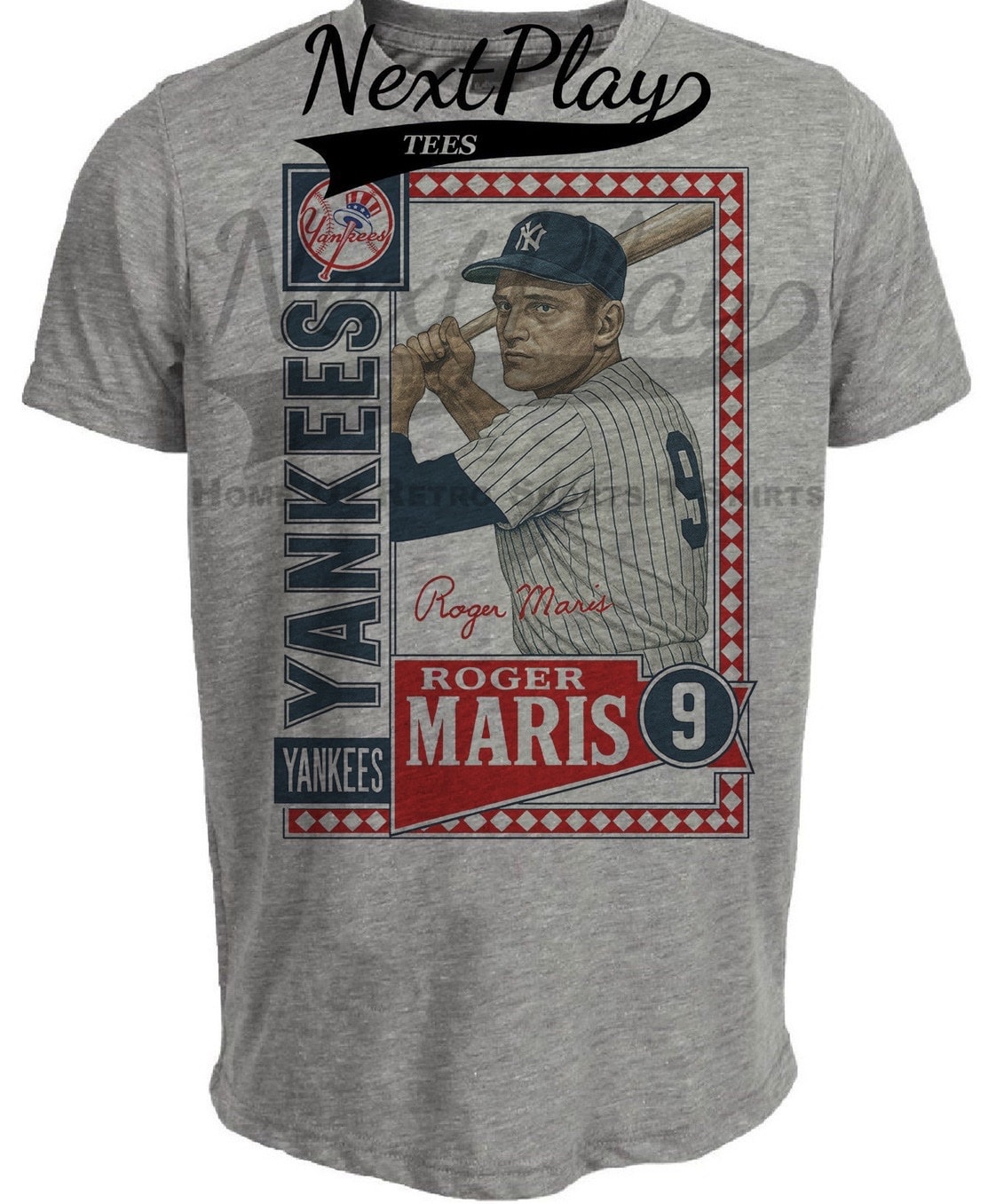 New York Yankees Roger Maris Exclusive Retro Baseball Artwork Heather Gray Sublimated T-Shirt