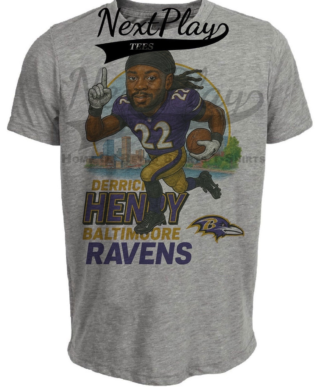 Baltimore Ravens Derrick Henry Exclusive Retro Football City Artwork Heather Gray Sublimated T-Shirt