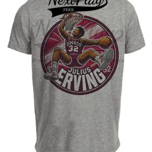 UMass Minutemen Julius Erving Exclusive Retro March Madness Basketball Artwork Heather Gray Sublimated T-Shirt