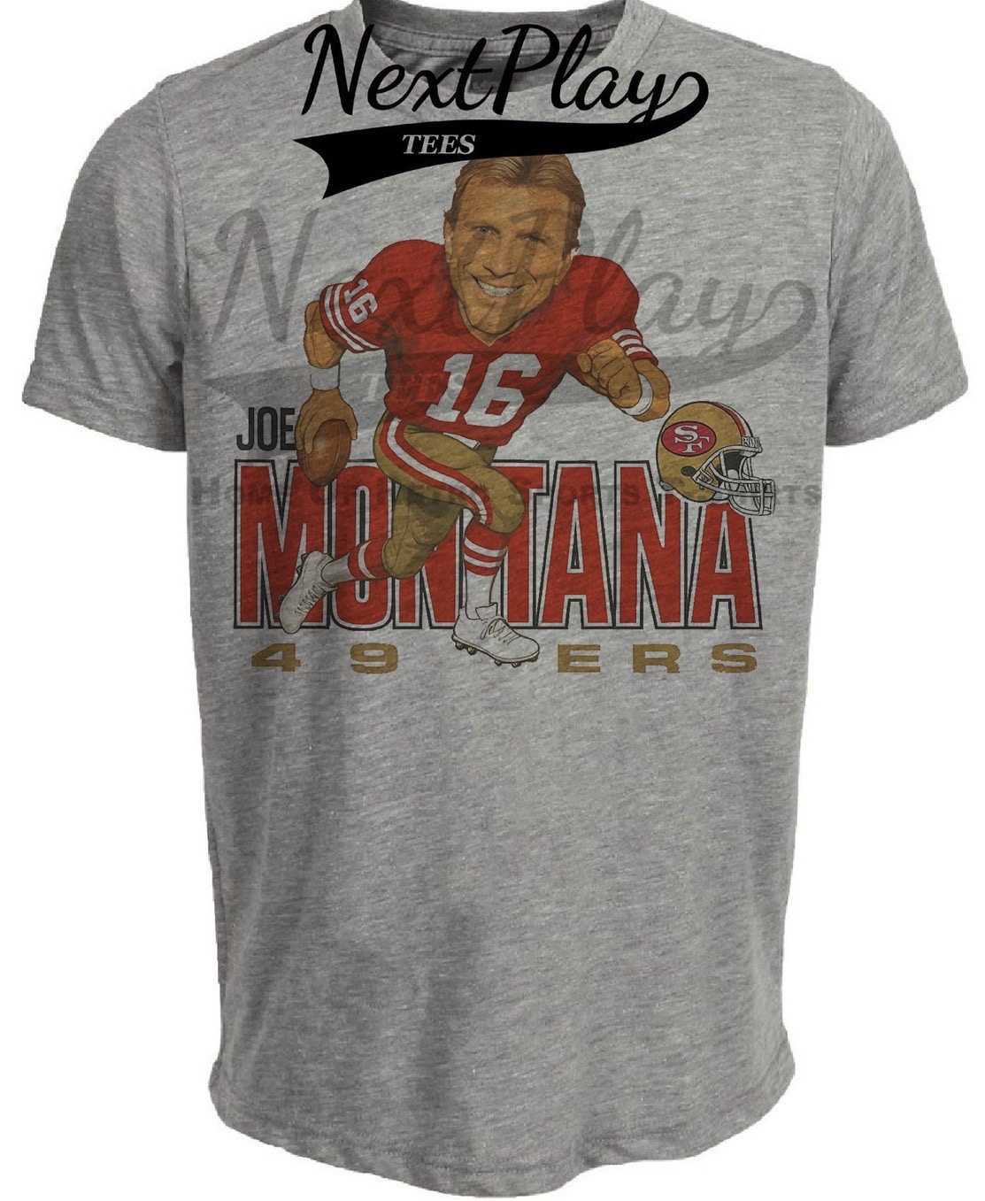 San Francisco 49ers Joe Montana Exclusive Retro Football 1985 Artwork Heather Gray Sublimated T-Shirt
