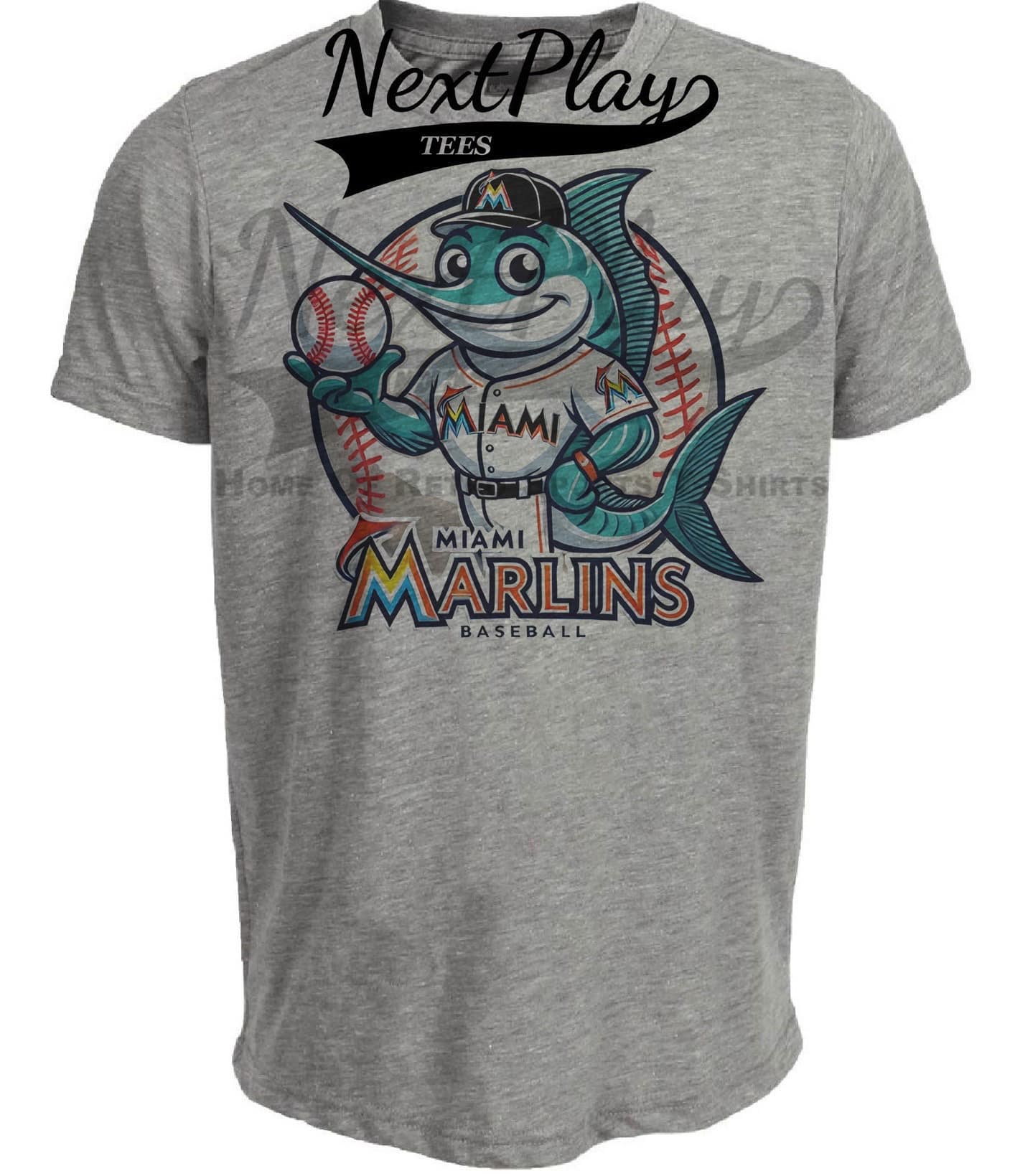 Miami Marlins Exclusive Retro Baseball Mascot Artwork Heather Gray Sublimated T-Shirt