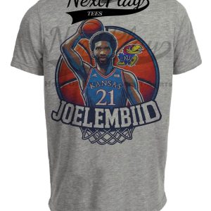 Kansas Jayhawks Joel Embiid Exclusive Retro March Madness Basketball Artwork Heather Gray Sublimated T-Shirt