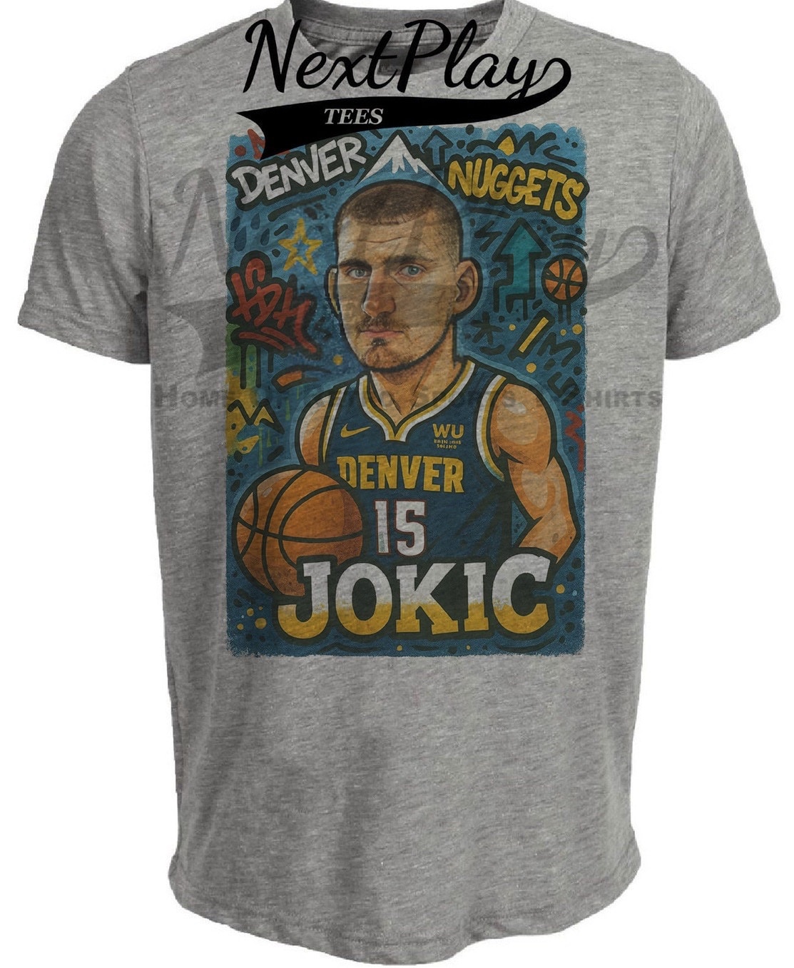Denver Nuggets Nikola Jokic Exclusive Caricature Basketball Artwork Heather Gray Sublimated T-Shirt