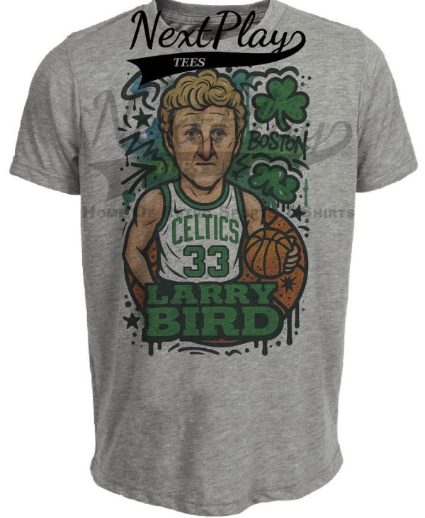 Boston Celtics Larry Bird Exclusive Caricature Basketball Artwork Heather Gray Sublimated T-Shirt