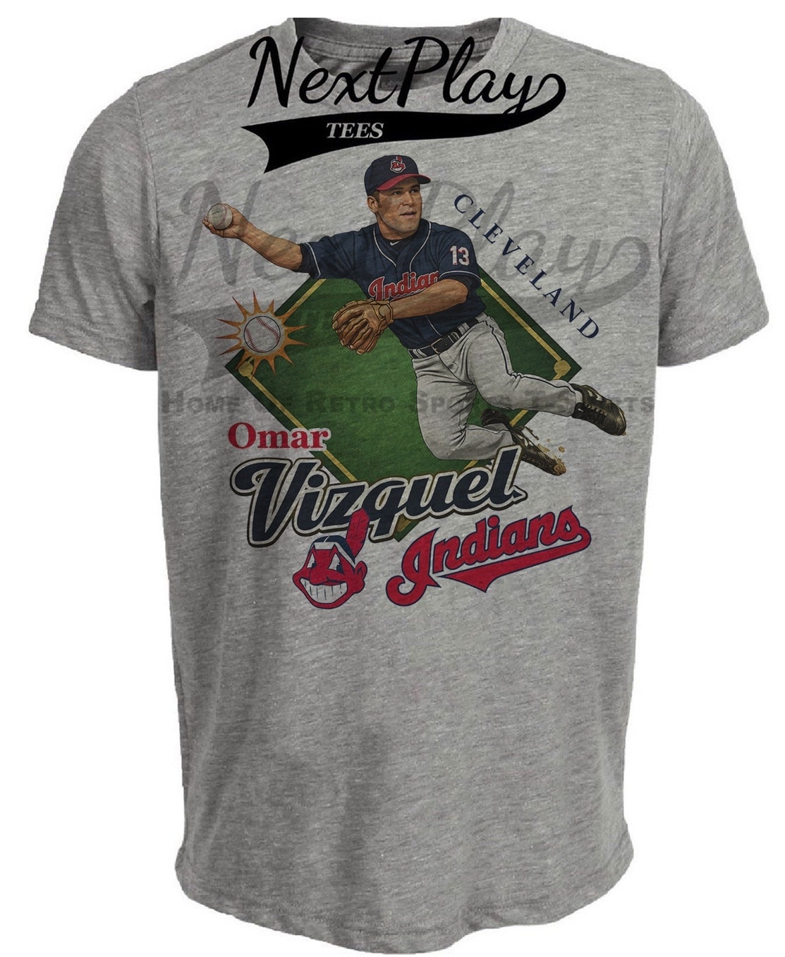 Cleveland Indians Omar Vizquel Caricature Retro Gray Sublimated T-Shirt