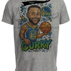 Golden State Warriors Steph Curry Exclusive Caricature Basketball Artwork Heather Gray Sublimated T-Shirt