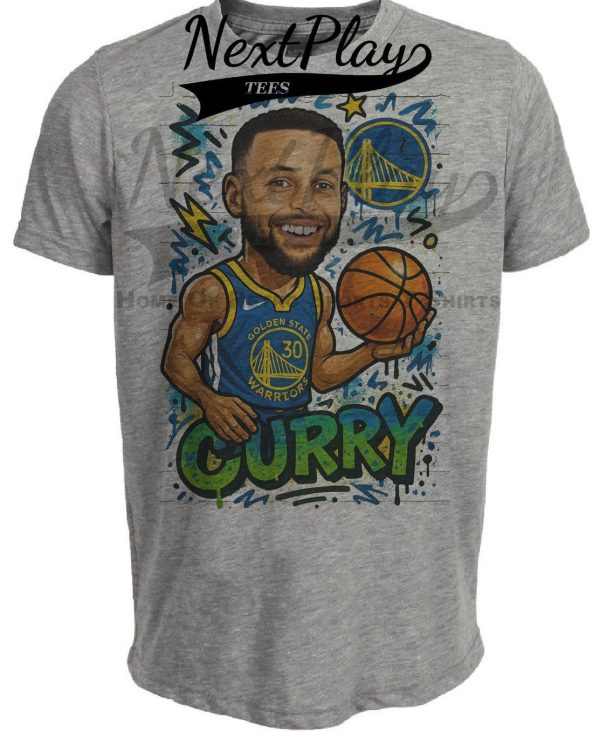 Golden State Warriors Steph Curry Exclusive Caricature Basketball Artwork Heather Gray Sublimated T-Shirt