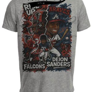 Atlanta Braves Falcons Deion Sanders Exclusive Caricature Football Baseball Artwork Heather Gray Sublimated T-Shirt