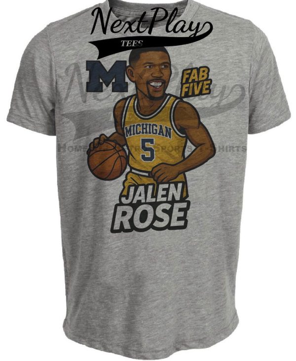 Michigan Wolverines Jalen Rose Fab Five Exclusive Caricature Basketball Artwork Heather Gray Sublimated T-Shirt
