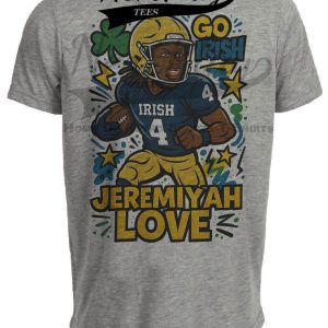 Notre Dame Fighting Irish Jeremiyah Love Exclusive Caricature Football Artwork Heather Gray Sublimated T-Shirt