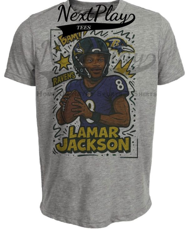 Baltimore Ravens Lamar Jackson Exclusive Caricature Football Artwork Heather Gray Sublimated T-Shirt