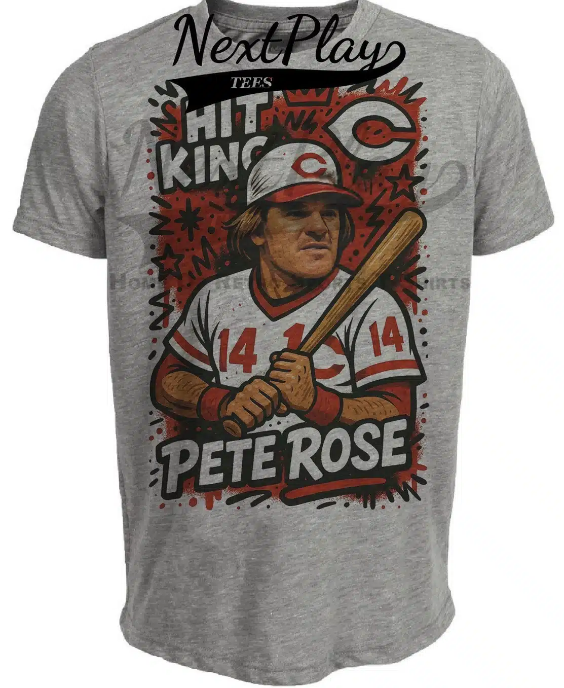 Cincinnati Reds Hit King Pete Rose Exclusive Caricature Baseball Artwork Heather Gray Sublimated T-Shirt