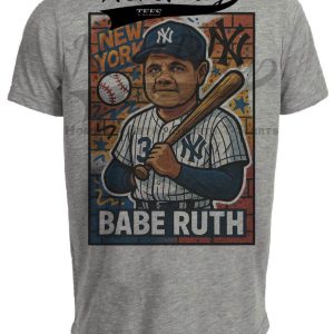 New York Yankees Babe Ruth Exclusive Caricature Baseball Artwork Heather Gray Sublimated T-Shirt