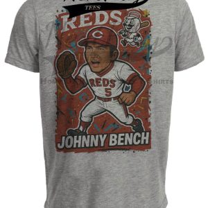 Cincinnati Reds Johnny Bench Exclusive Caricature Baseball Artwork Heather Gray Sublimated T-Shirt
