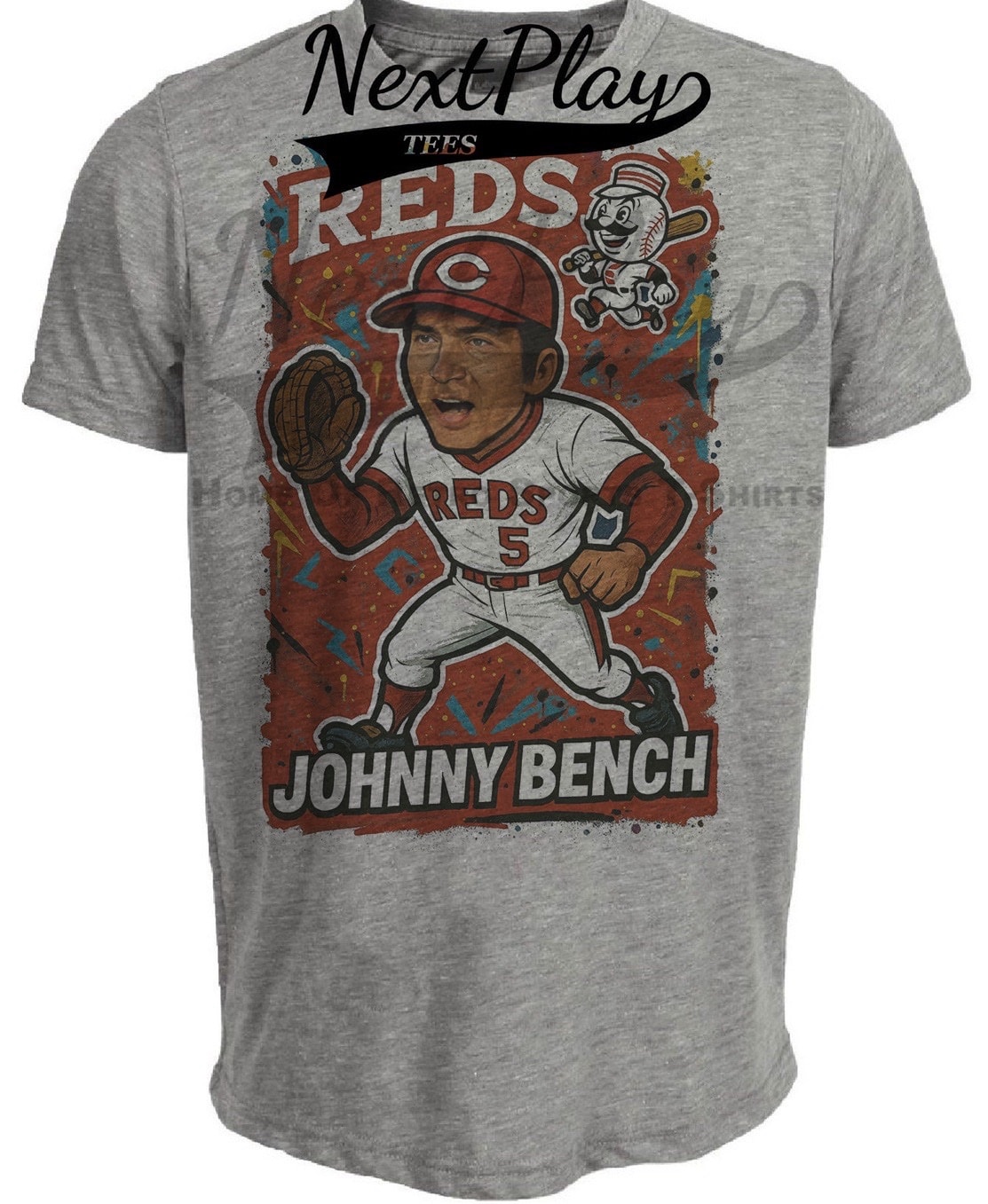 Cincinnati Reds Johnny Bench Exclusive Caricature Baseball Artwork Heather Gray Sublimated T-Shirt