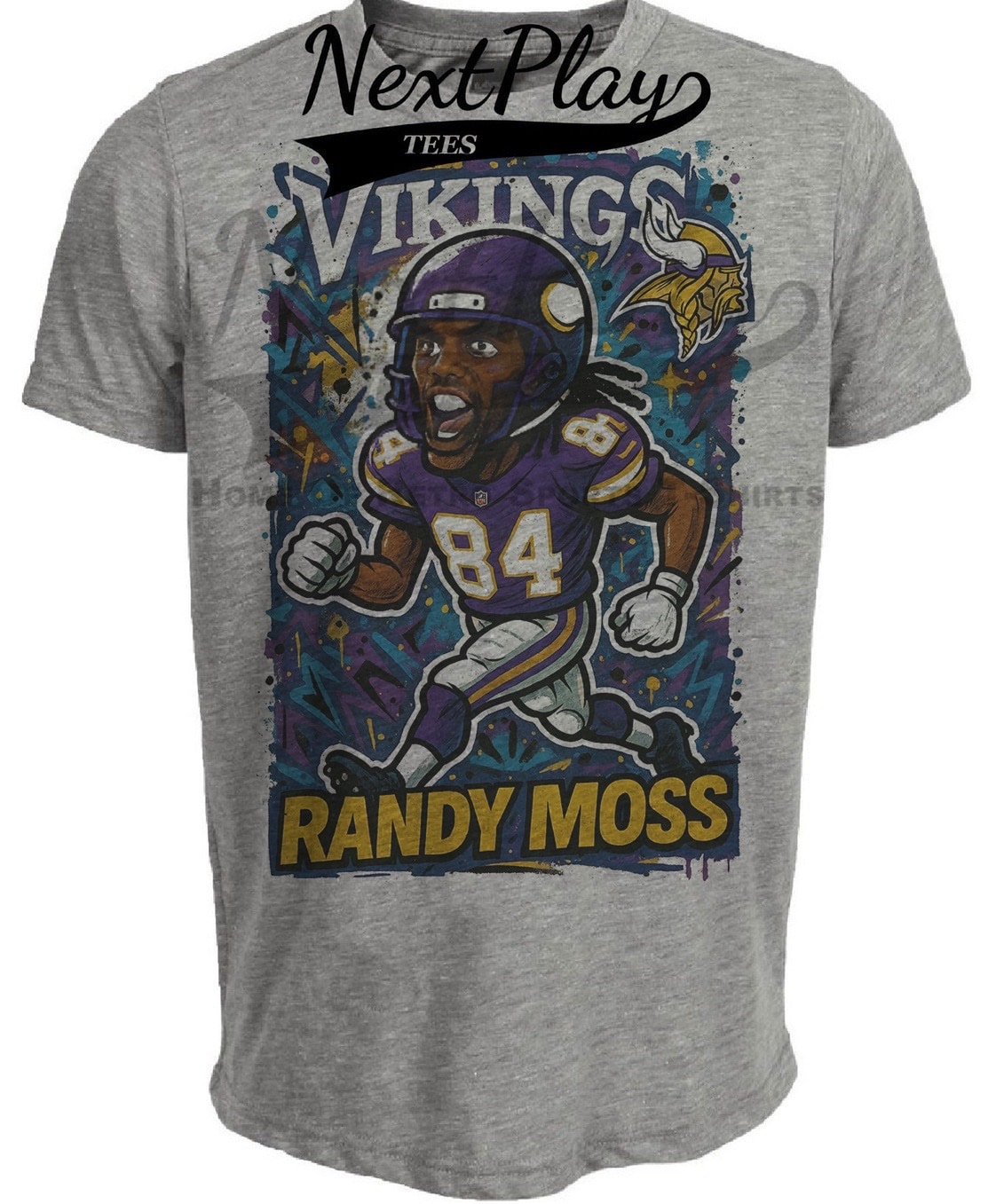Minnesota Vikings Randy Moss Exclusive Caricature Football Artwork Heather Gray Sublimated T-Shirt