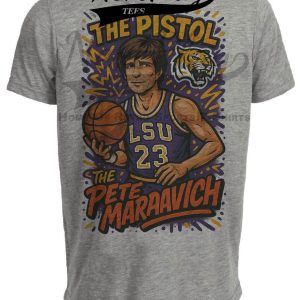 LSU Tigers Pistol Pete Maravich Exclusive Caricature Basketball Artwork Heather Gray Sublimated T-Shirt