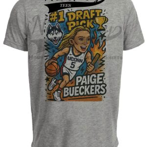 UConn Huskies Paige Bueckers #1 Draft Pick Exclusive Caricature Basketball Artwork Heather Gray Sublimated T-Shirt