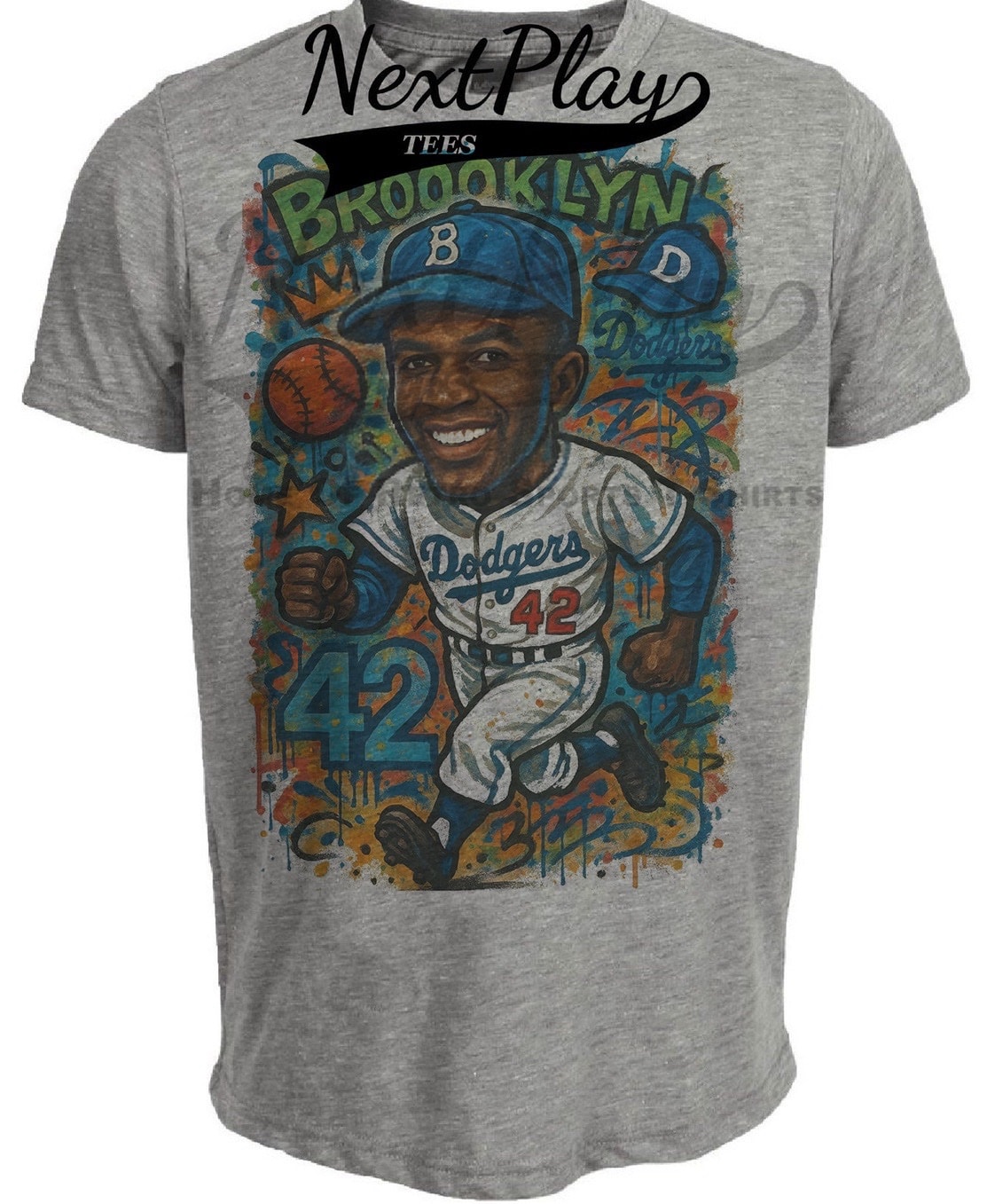 Brooklyn Dodgers Jackie Robinson Exclusive Caricature Baseball Artwork Heather Gray Sublimated T-Shirt